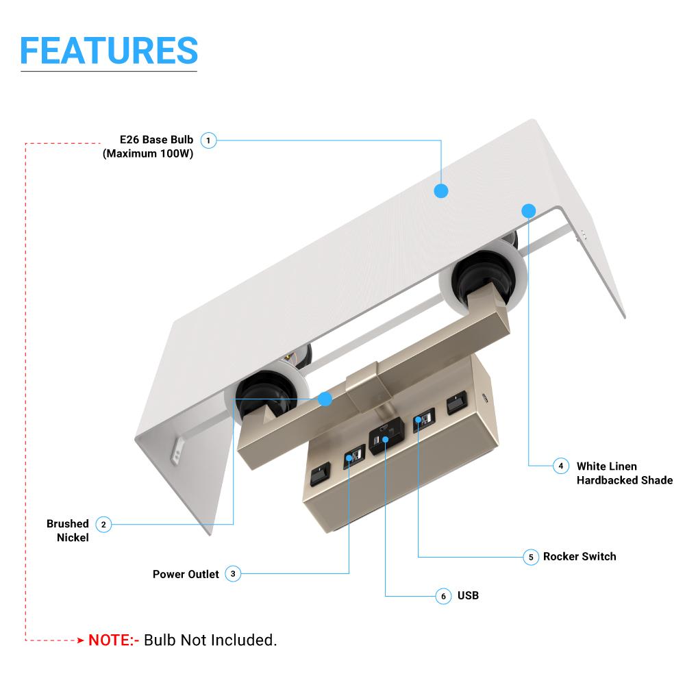 2 - Light, Wall Sconce for Bedroom with 2 Switch, 2 USB, 2 Type C & 1 Outlet, White Fabric / Acrylic Shade, Wall Mounted Lamps for Hotel, Corridor and Restaurant - BUILDMYPLACE