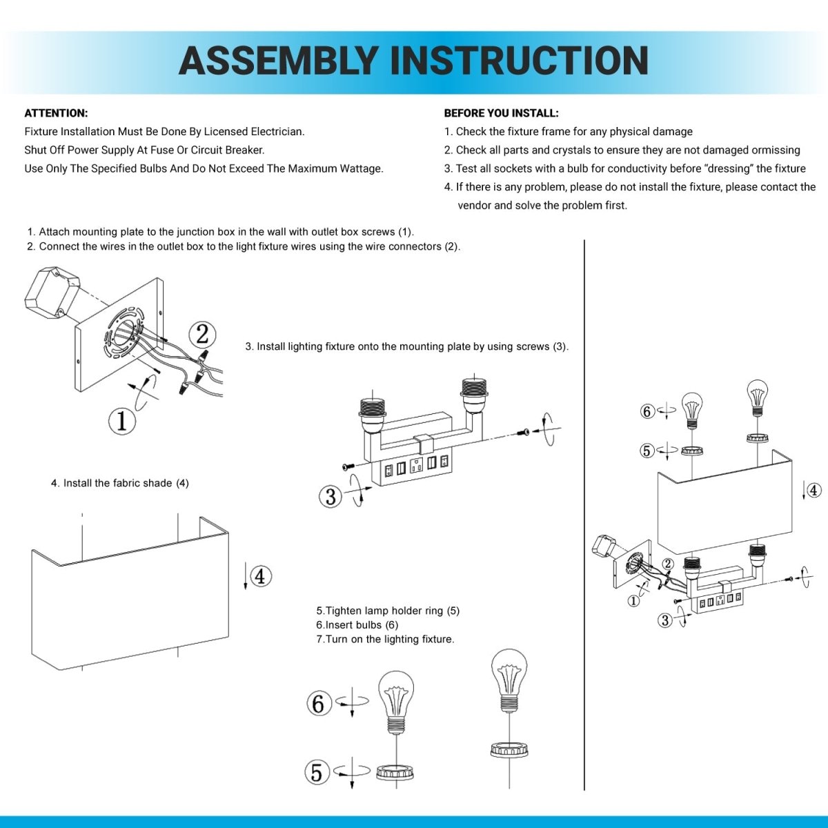 2 - Light, Wall Sconce for Bedroom with 2 Switch, 2 USB, 2 Type C & 1 Outlet, White Fabric / Acrylic Shade, Wall Mounted Lamps for Hotel, Corridor and Restaurant - BUILDMYPLACE