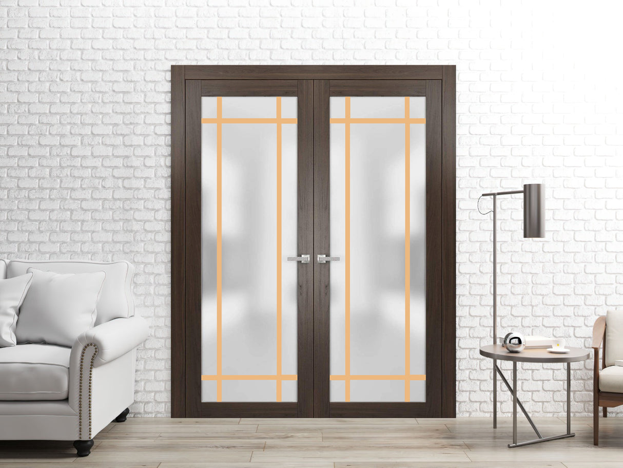Solid French Double Doors | Planum 2113 Chocolate Ash with Frosted Glass | Wood Solid Panel Frame Trims | Closet Bedroom Sturdy Doors