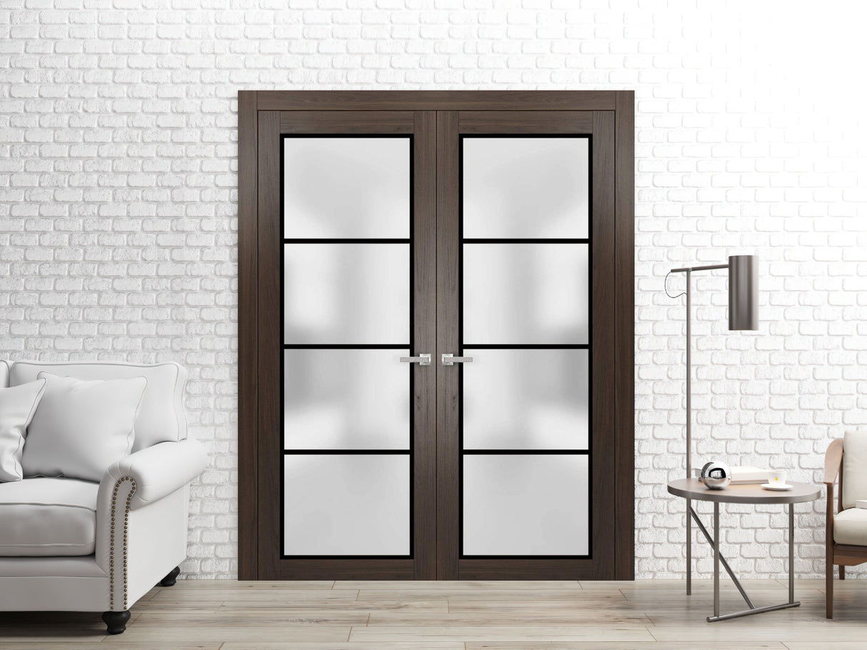 Solid French Double Doors | Planum 2132 Chocolate Ash Frosted Glass | Wood Solid Panel Frame Trims | Closet Bedroom Sturdy Doors
