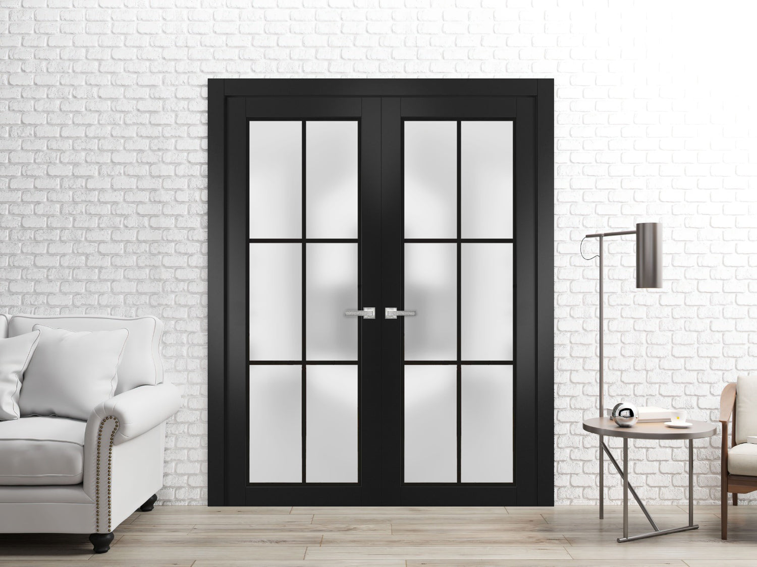 Solid French Double Doors | Planum 2122 Matte Black Frosted Glass | Wood Solid Panel Frame Trims | Closet Bedroom Sturdy Doors