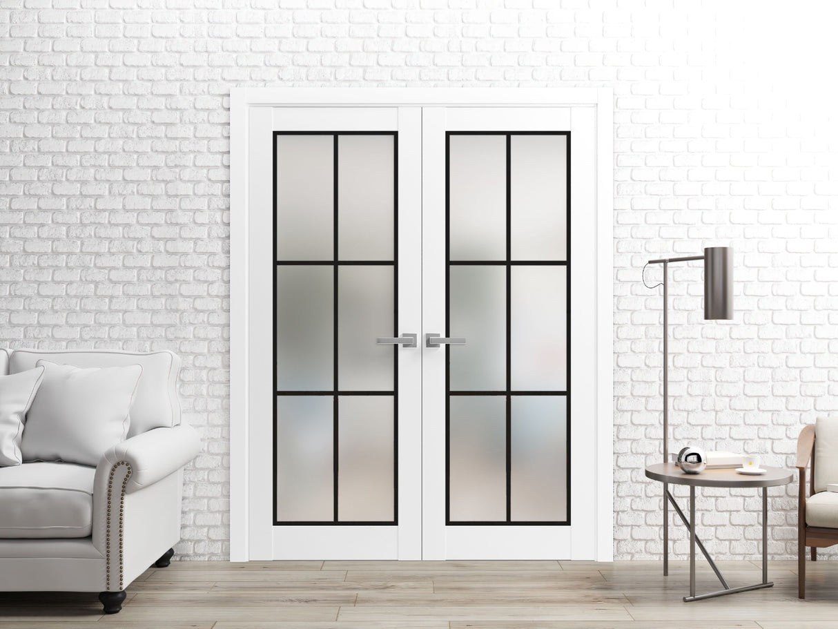 Solid French Double Doors | Planum 2122 White Silk Frosted Glass | Wood Solid Panel Frame Trims | Closet Bedroom Sturdy Doors