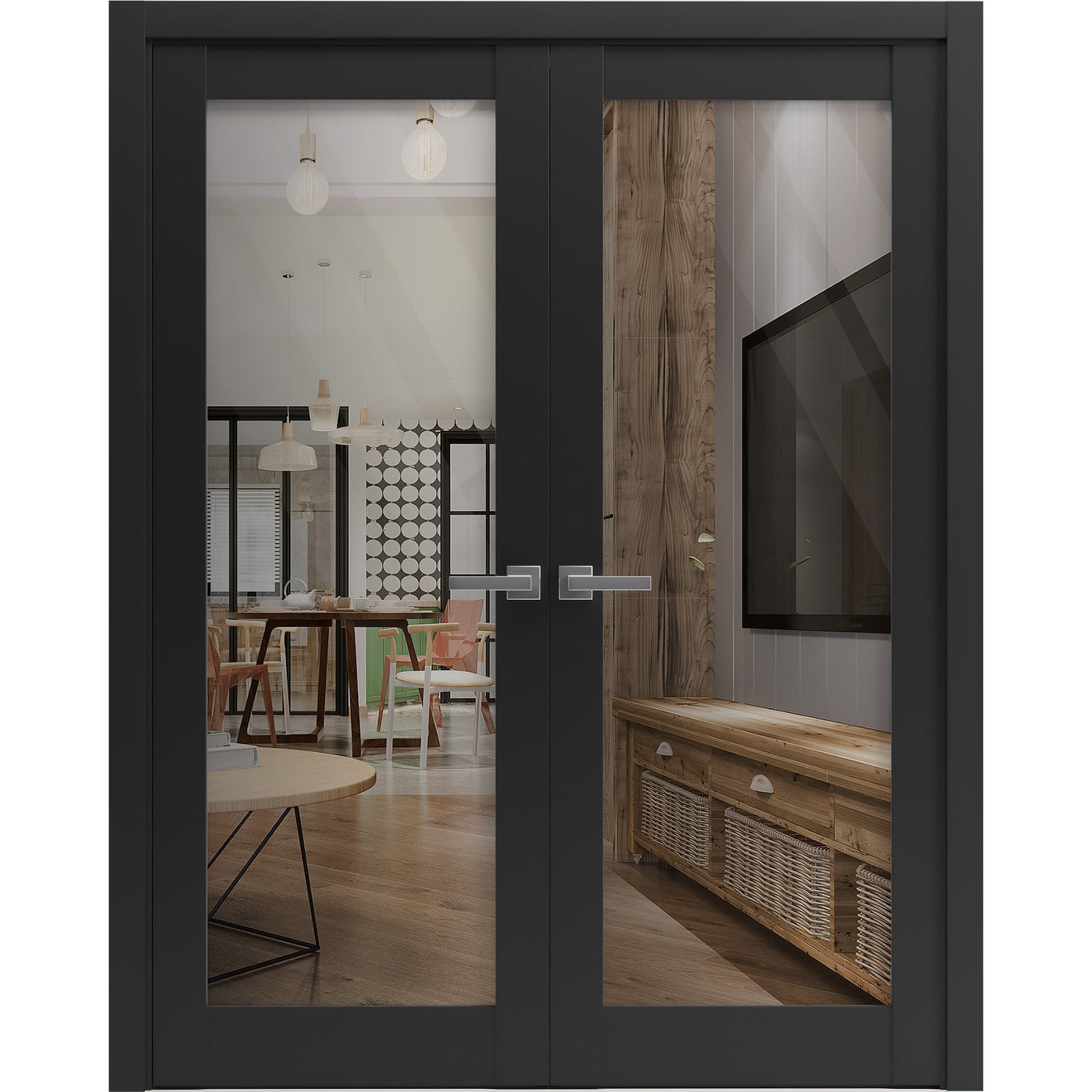 Solid French Double Doors | Lucia 2166 Matte Black with Clear Glass | Wood Solid Panel Frame Trims | Closet Bedroom Sturdy Doors