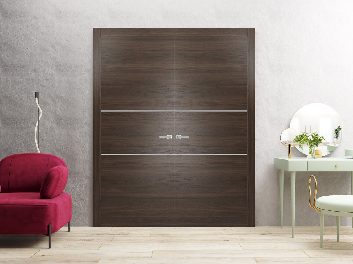 Solid French Double Doors | Planum 0110 Chocolate Ash | Wood Solid Panel Frame Trims | Closet Bedroom