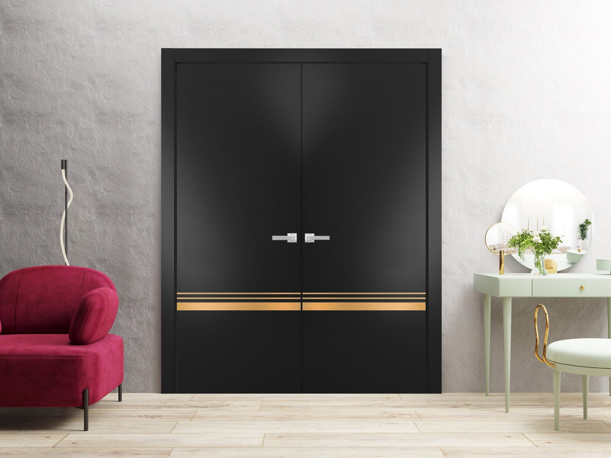 Solid French Double Doors | Planum 2010 Matte Black | Wood Solid Panel Frame Trims | Closet Bedroom