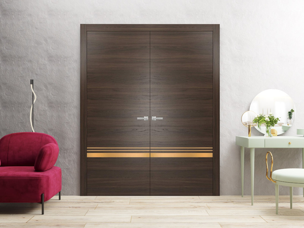 Solid French Double Doors | Planum 2010 Chocolate Ash | Wood Solid Panel Frame Trims | Closet Bedroom