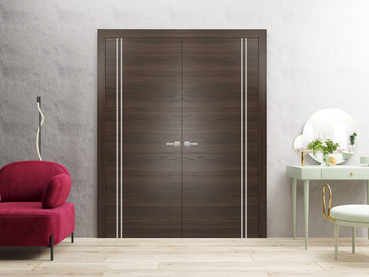 Solid French Double Doors | Planum 0310 Chocolate Ash | Wood Solid Panel Frame Trims | Closet Bedroom