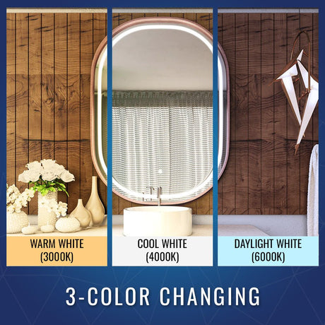 24 x 36 Inch Wall Mount makeup mirror with lights, Rose Gold Frame, Evo Style, Touch Sensor Switch, CCT Remembrance - BUILDMYPLACE