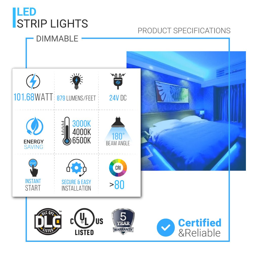 24V LED Strip Lights - IP20 - Dimmable - 879 Lumens/ft - SMD2835 Flexible Tape Lighting - BUILDMYPLACE
