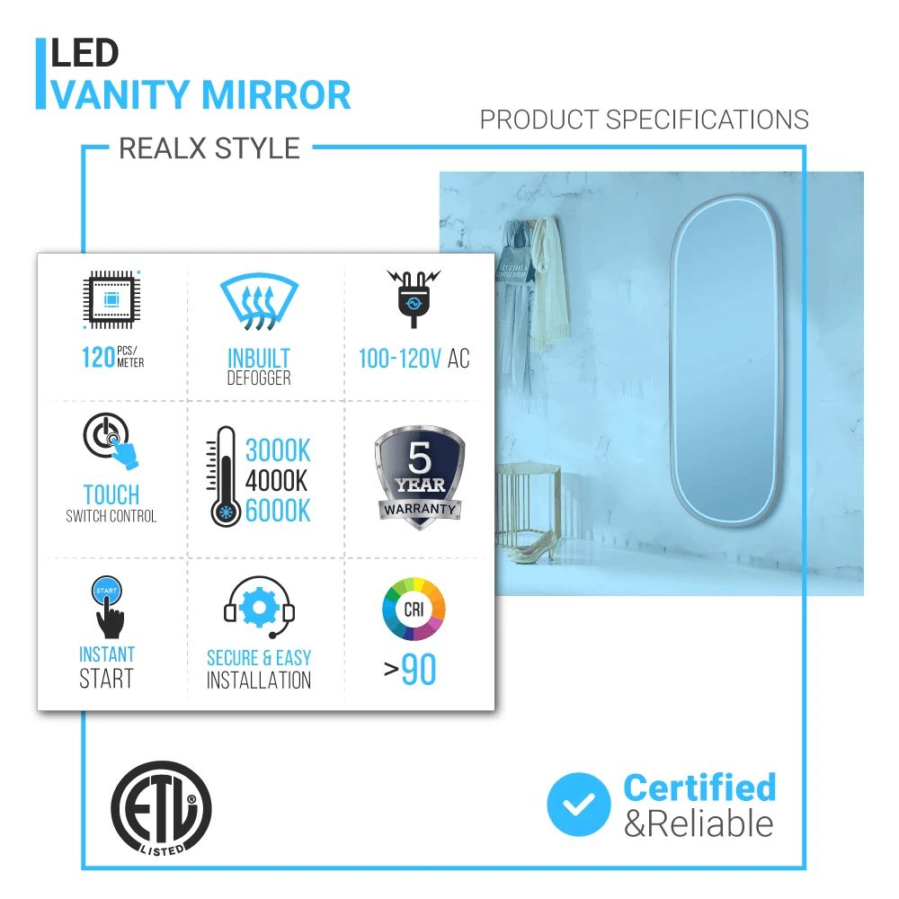 26 in. X 63 in. LED Lighted Bathroom Vanity Mirror with Rose Gold Frame, CRI 90+, Anti - Fog Adjustable Color Temperature & Remembrance, Lighted Makeup Mirrors, Realx Style - BUILDMYPLACE