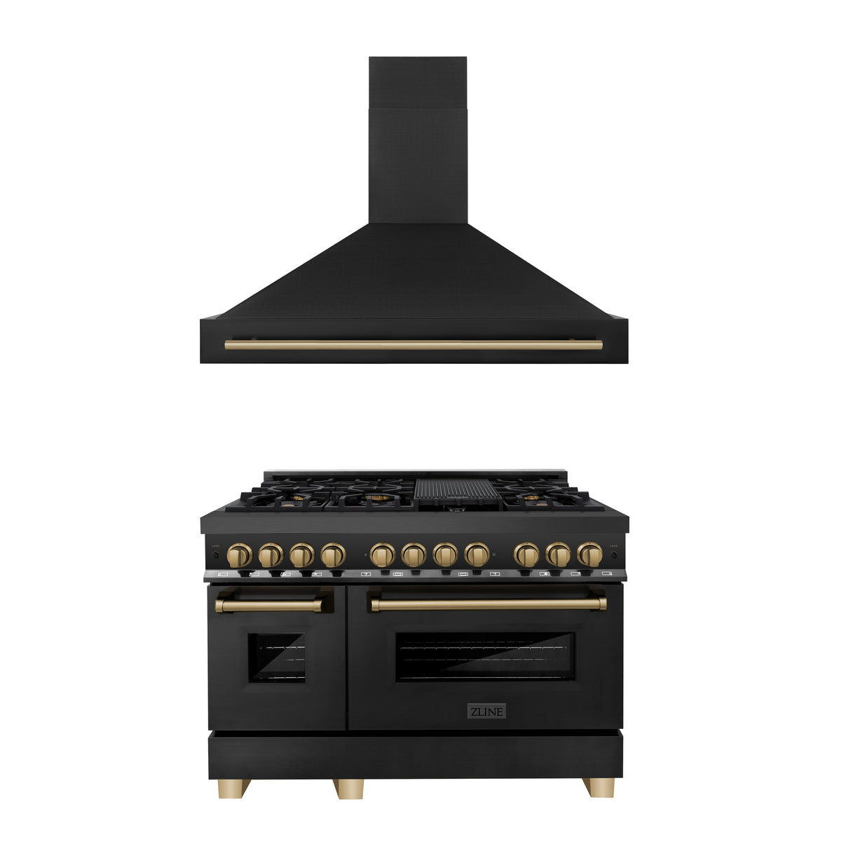 ZLINE 48" Autograph Edition Kitchen Package with Black Stainless Steel Dual Fuel Range and Range Hood with Champagne Bronze Accents (2AKP-RABRH48-CB)