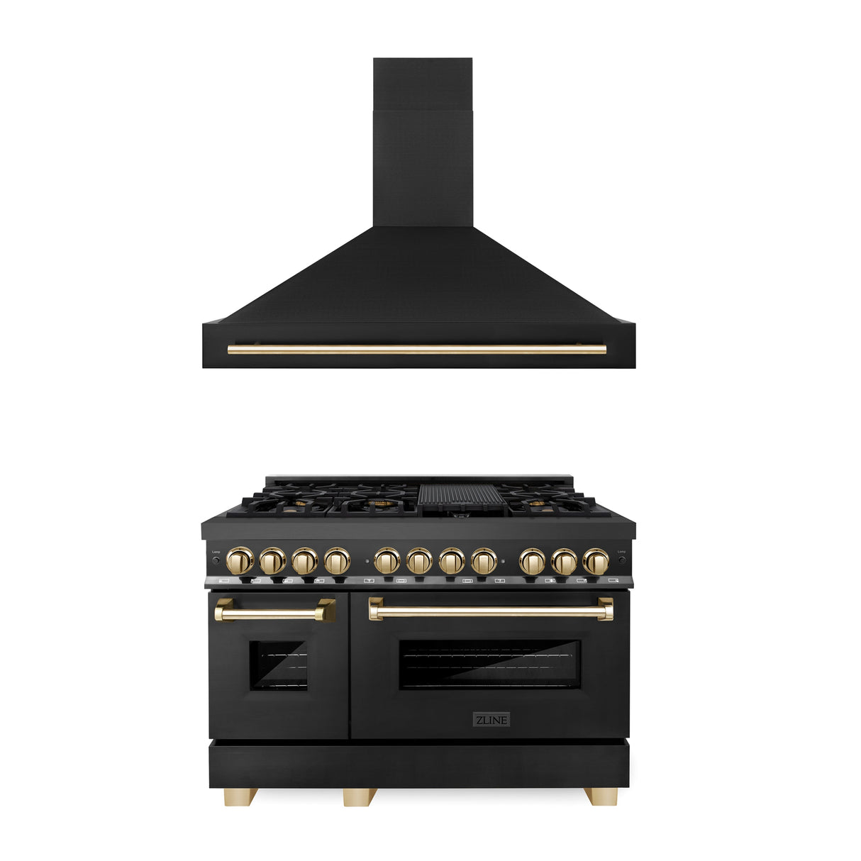 ZLINE 48" Autograph Edition Kitchen Package with Black Stainless Steel Dual Fuel Range and Range Hood with Polished Gold Accents (2AKP-RABRH48-G)