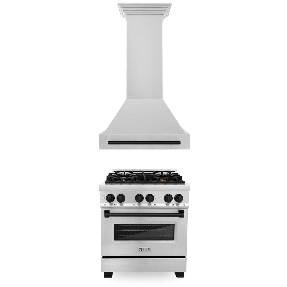 ZLINE 30" Autograph Edition Kitchen Package with Stainless Steel Dual Fuel Range and Range Hood with Matte Black Accents (2AKP-RARH30-MB)