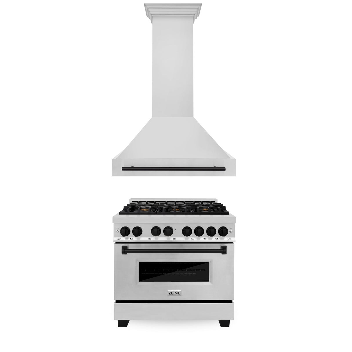 ZLINE 36" Autograph Edition Kitchen Package with Stainless Steel Dual Fuel Range and Range Hood with Matte Black Accents (2AKP-RARH36-MB)