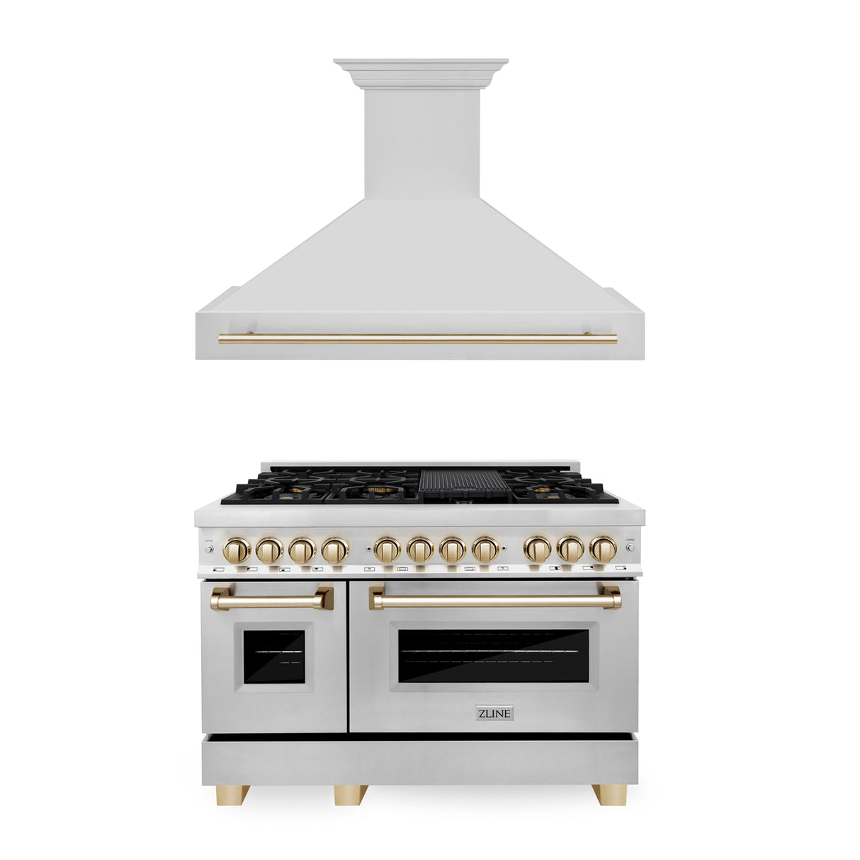 ZLINE 48" Autograph Edition Kitchen Package with Stainless Steel Dual Fuel Range and Range Hood with Polished Gold Accents (2AKP-RARH48-G)