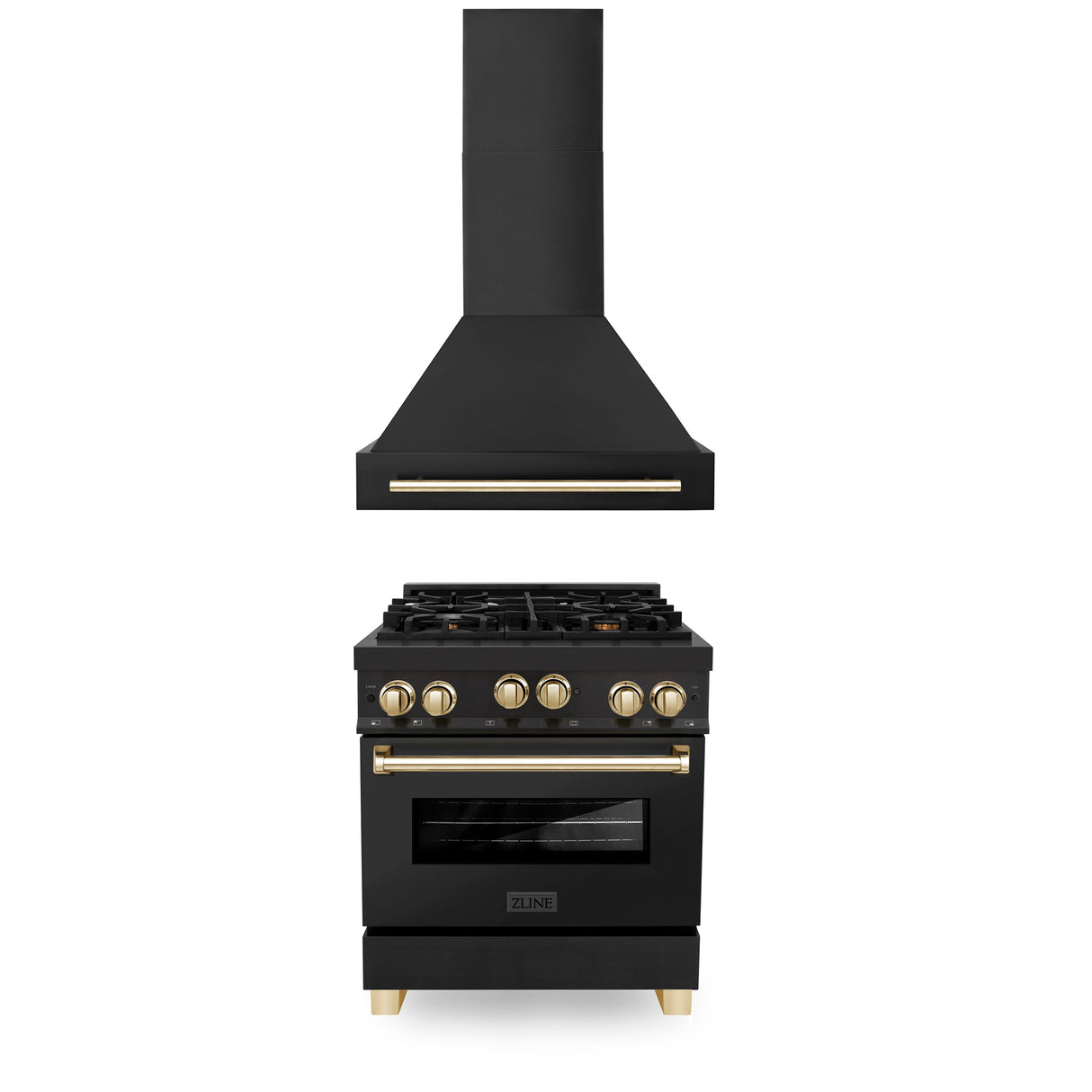 ZLINE 30" Autograph Edition Kitchen Package with Black Stainless Steel Gas Range and Range Hood with Polished Gold Accents (2AKP-RGBRH30-G)