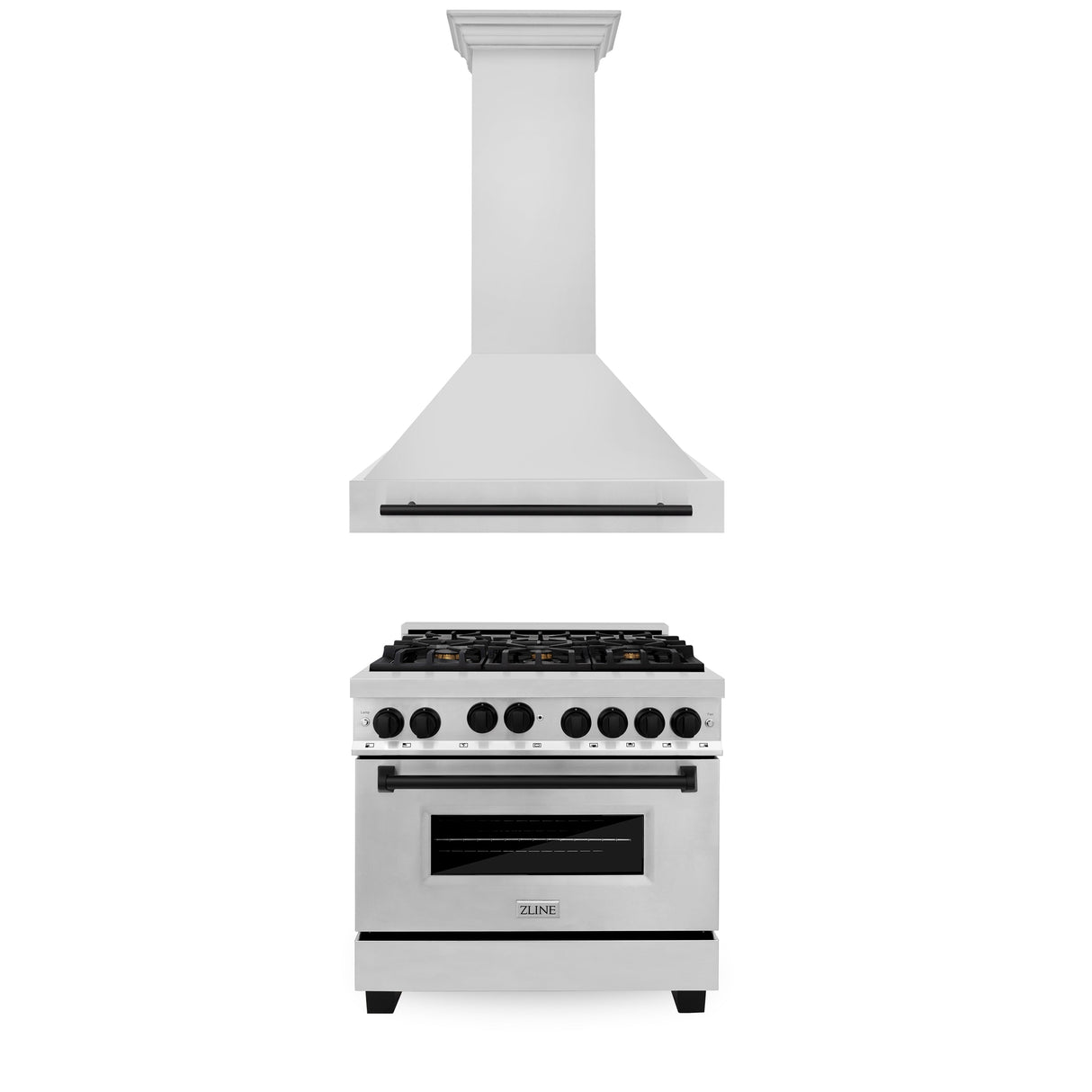 ZLINE 36" Autograph Edition Kitchen Package with Stainless Steel Gas Range and Range Hood with Matte Black Accents (2AKP-RGRH36-MB)