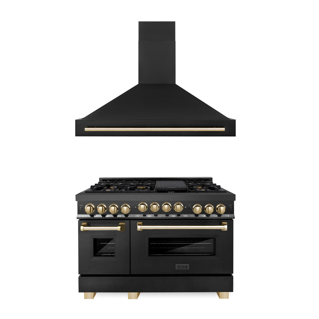ZLINE 48" Autograph Edition Kitchen Package with Black Stainless Steel Gas Range and Range Hood with Polished Gold Accents (2AKPR-RGBRH48-G)