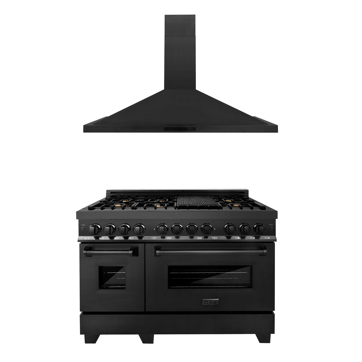ZLINE 48 in. Kitchen Package with Black Stainless Steel Dual Fuel Range and Convertible Vent Range Hood (2KP-RABRH48)
