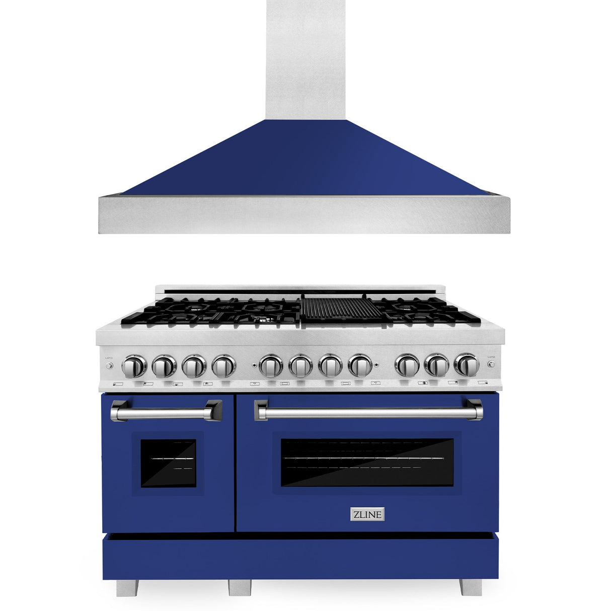 ZLINE 48 in. Kitchen Package with Satin Stainless Steel Dual Fuel Range with Blue Gloss Door and Convertible Vent Range Hood