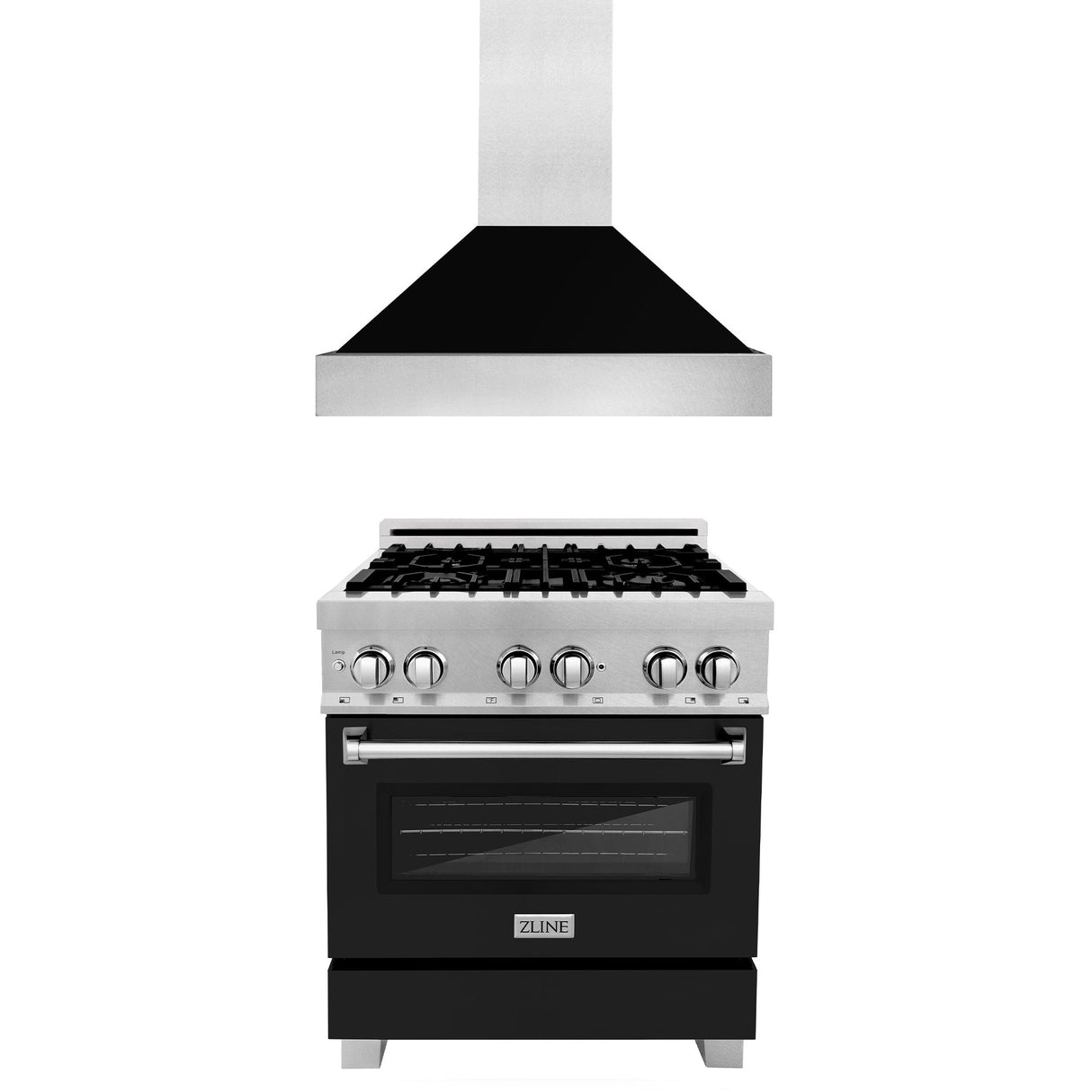 ZLINE 30 in. Kitchen Package with Satin Stainless Steel Dual Fuel Range with Black Matte Door and Convertible Vent Range Hood