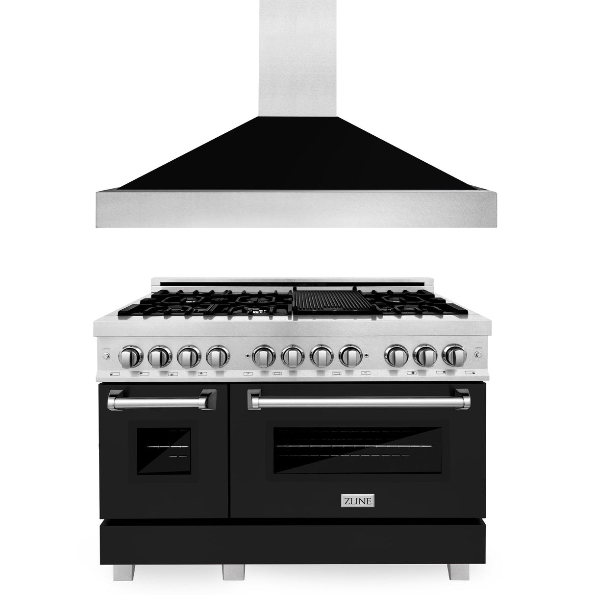 ZLINE 48 in. Kitchen Package with Satin Stainless Steel Dual Fuel Range with Black Matte Door and Convertible Vent Range Hood