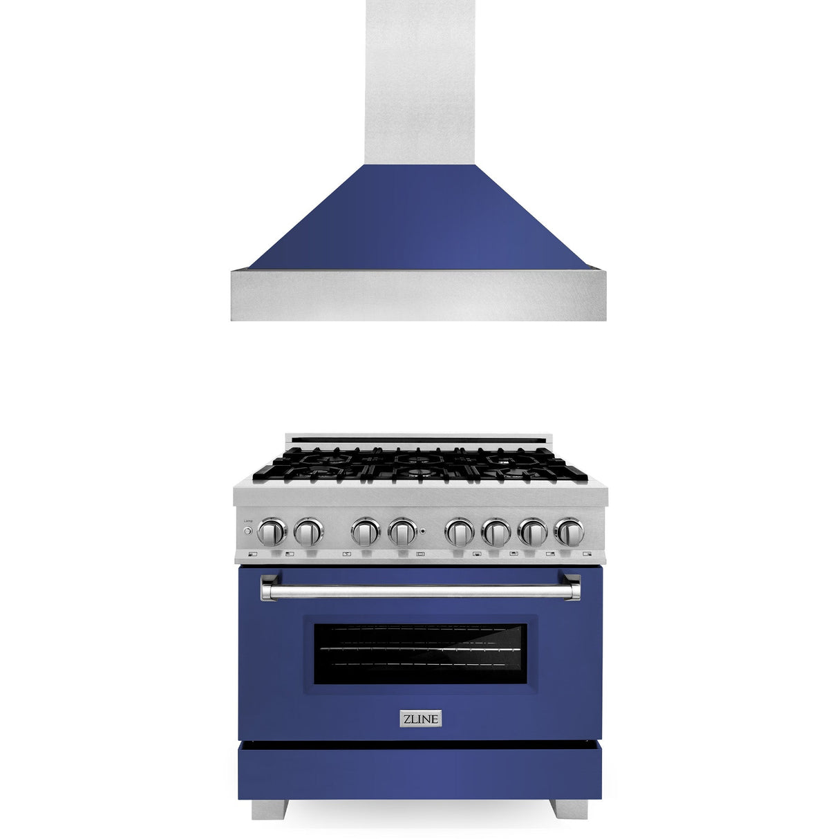 ZLINE 36 in. Kitchen Package with Satin Stainless Steel Dual Fuel Range with Blue Matte Door and Convertible Vent Range Hood