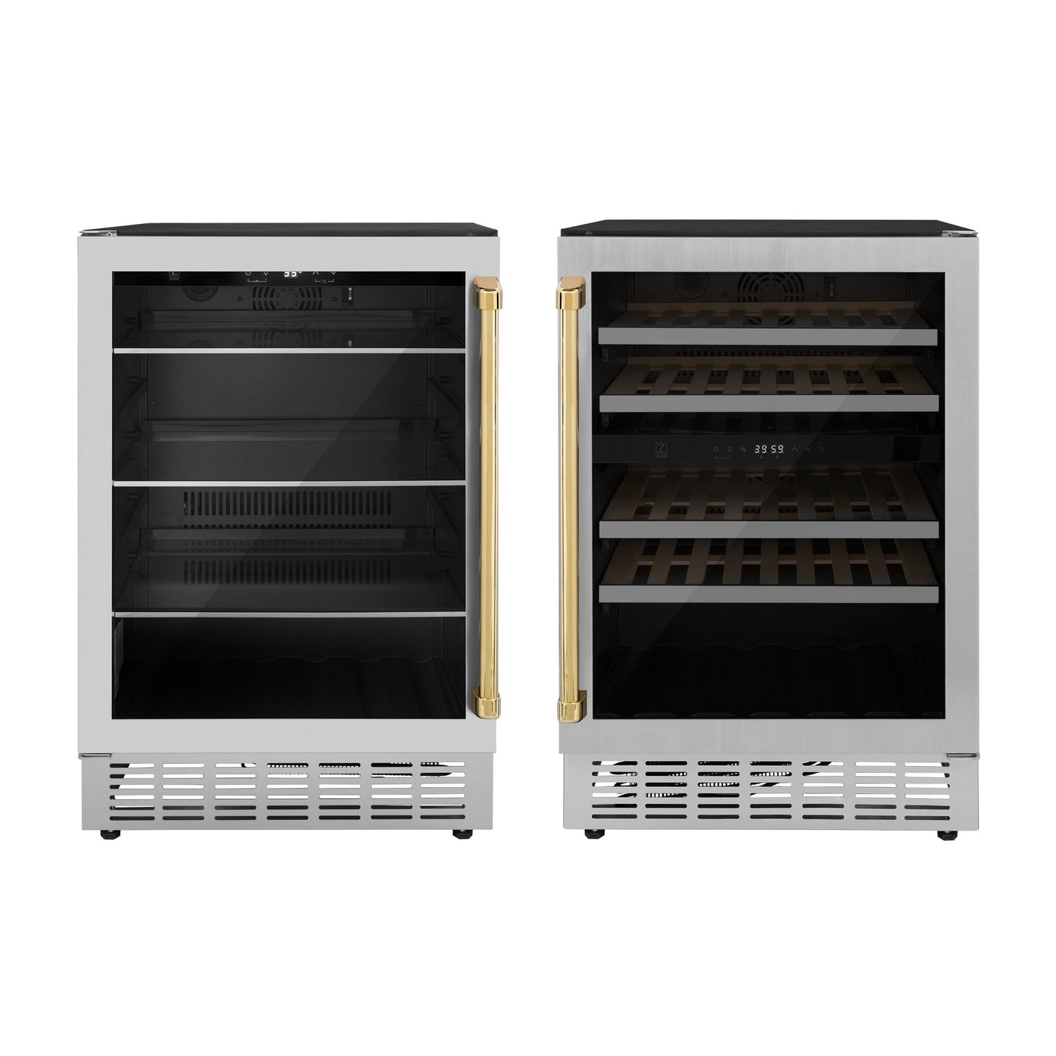 ZLINE Autograph Edition Kitchen Package with 24" Wine Cooler and 24" Beverage Fridge with Polished Gold  Accents(2AKP-RBV-RWV-G)