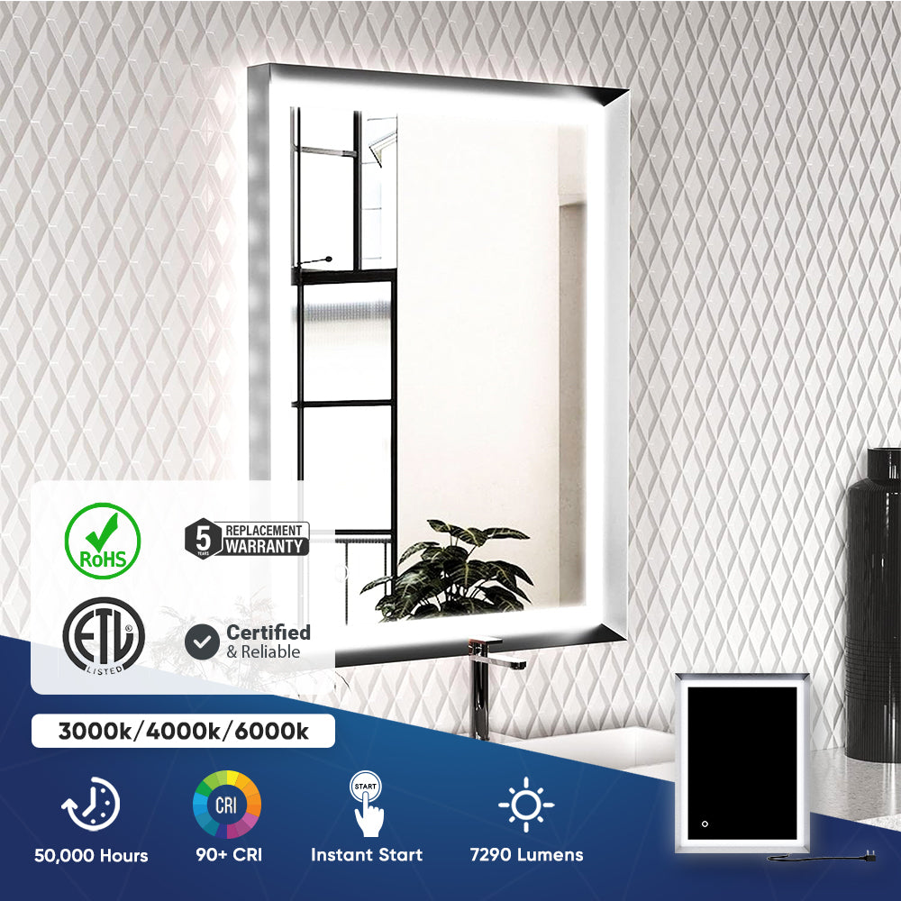 Bathroom Led Vanity Mirror with Frame, Dimmable Touch Switch Control, Anti-Fog Wall Mounted Makeup Mirror