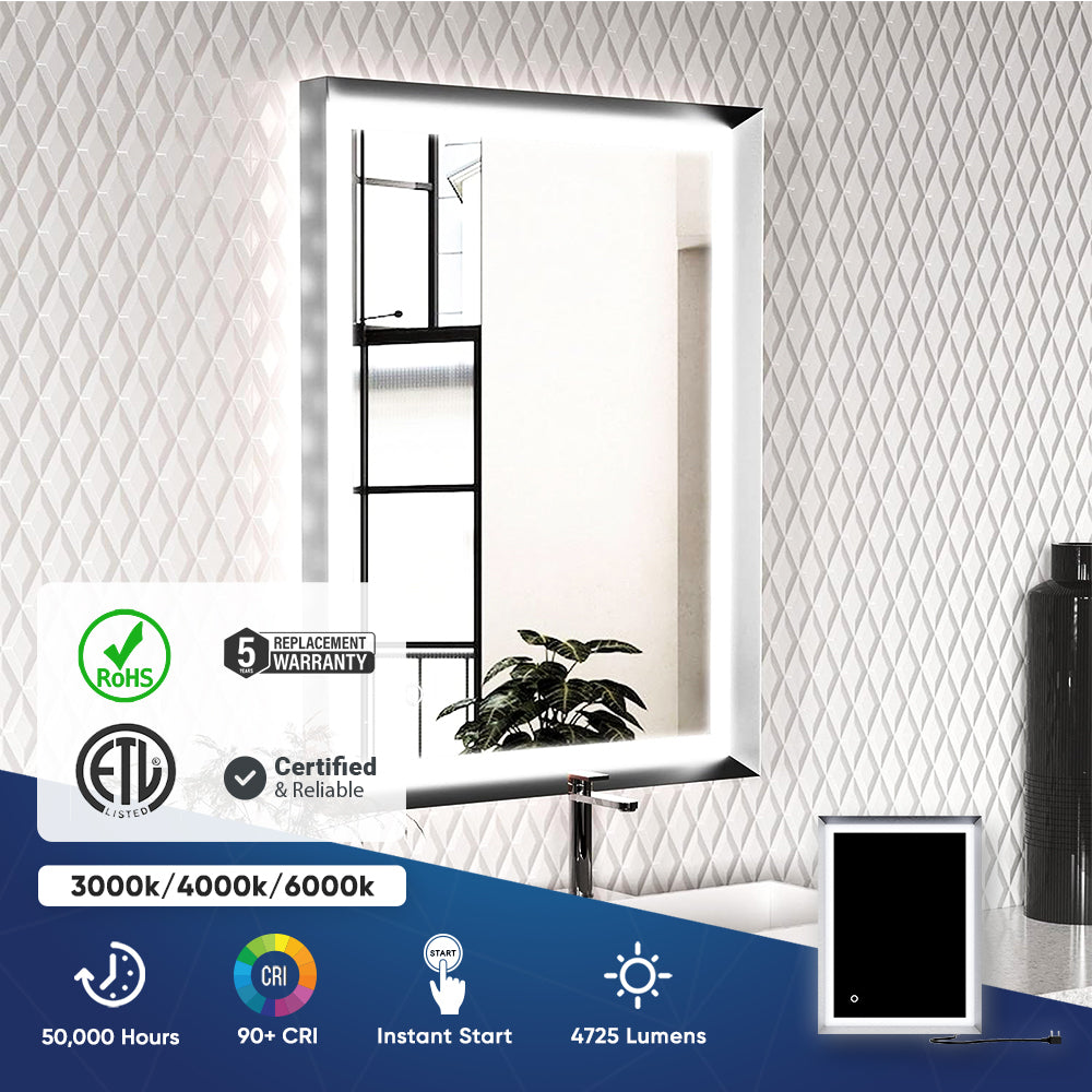 Bathroom Led Vanity Mirror with Frame, Dimmable Touch Switch Control, Anti-Fog Wall Mounted Makeup Mirror