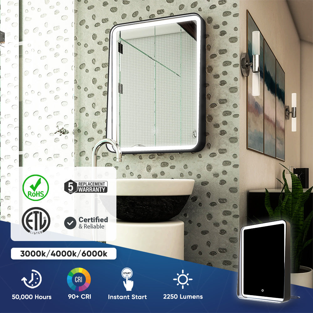 LED Lighted Bathroom Vanity Mirror With Shelf, Wall-Mounted, Touch Switch, Anti-Fog Adjustable Color Temperature & Remembrance, CRI 90+, Lighted Makeup Mirrors, Raven Style