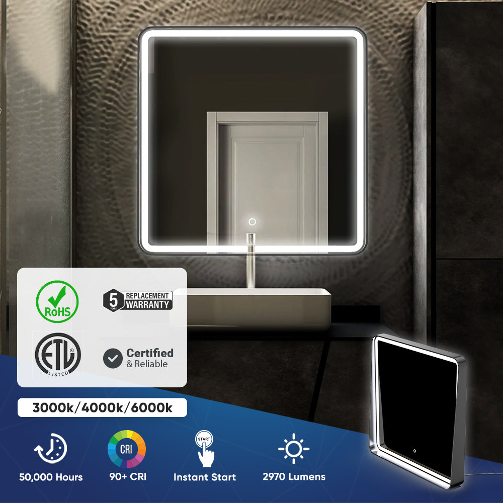 LED Lighted Bathroom Vanity Mirror With Shelf, Wall-Mounted, Touch Switch, Anti-Fog Adjustable Color Temperature & Remembrance, CRI 90+, Lighted Makeup Mirrors, Raven Style