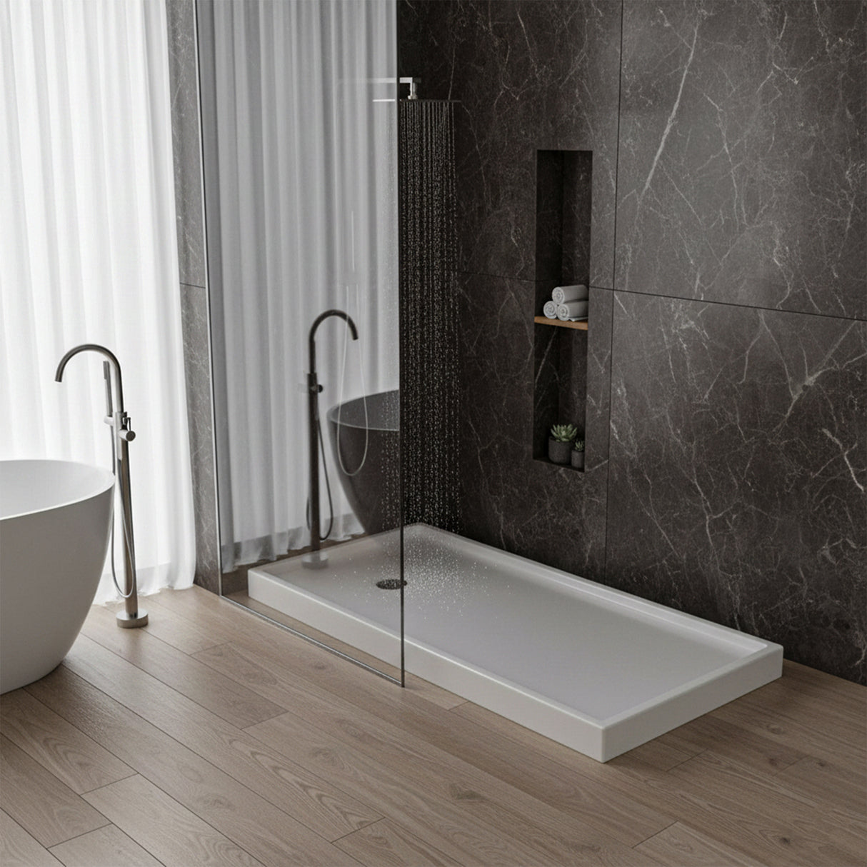 Shower Tray - Right Drain Single Threshold - Acrylic and Fiberglass - 60 X 32 X 5.5