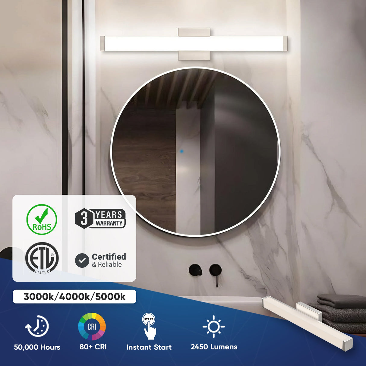 Bathroom Light Fixtures, Wall Mount, 24 inch/36 inch/48 inch, ETL Listed, Dimmable, Waterproof Vanity Lighting, Rectangle Shape