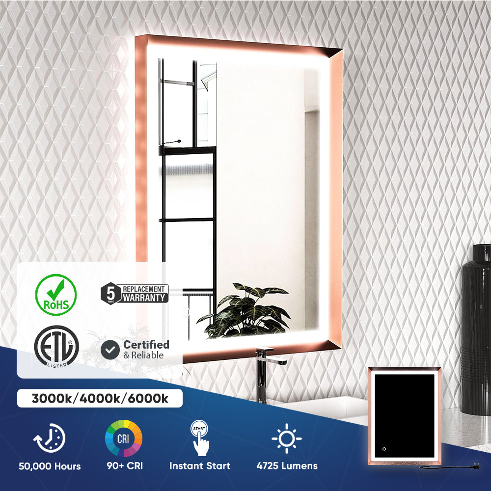 Bathroom Led Vanity Mirror with Frame, Dimmable Touch Switch Control, Anti-Fog Wall Mounted Makeup Mirror