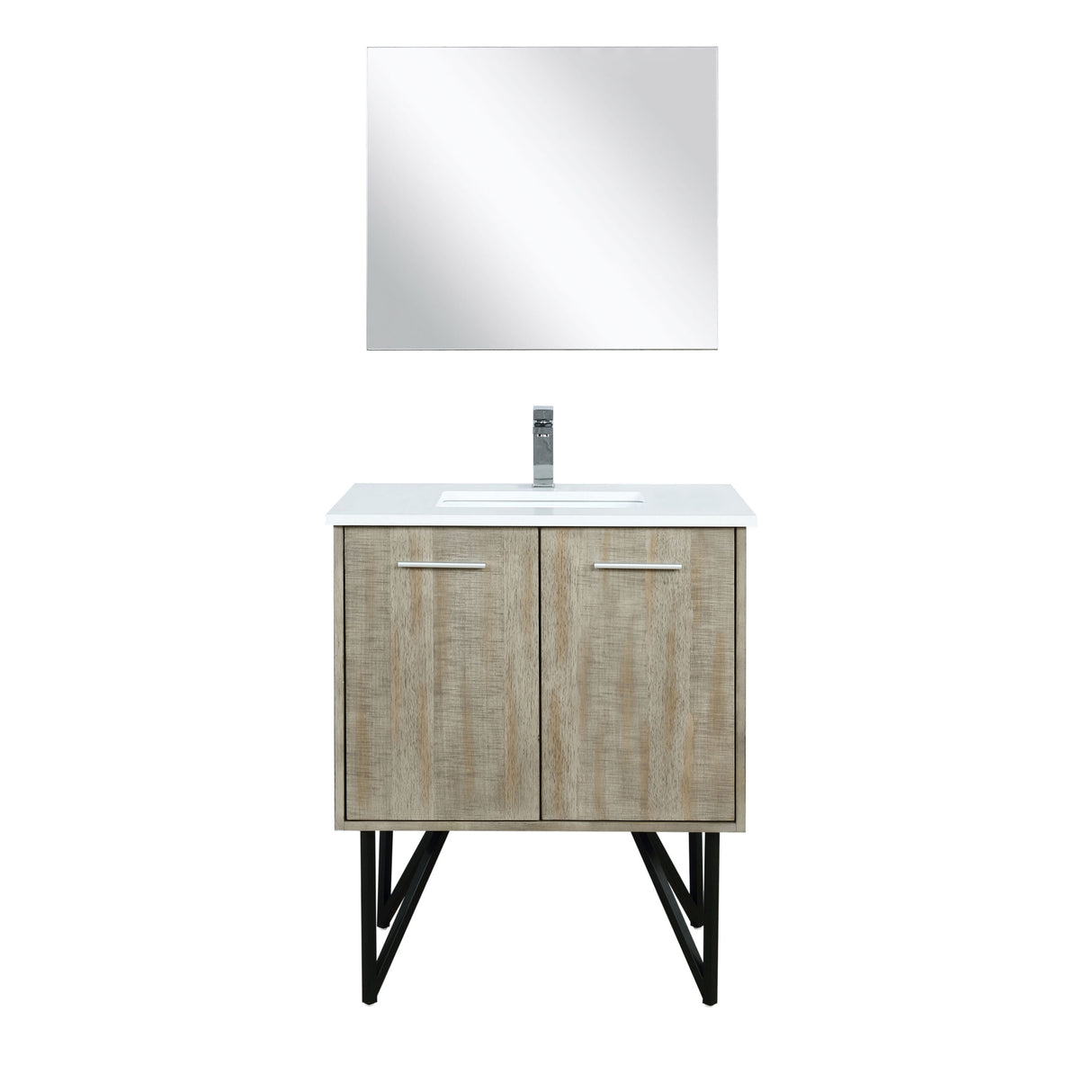 Lancy 30" Rustic Acacia Bathroom Vanity, White Quartz Top, White Square Sink, Monte Chrome Faucet Set, and 28" Frameless Mirror
