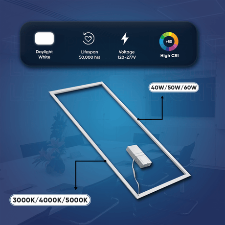 2x4 FT LED T - Bar Panel Light, 40W/50W/60W Wattage Adjustable, 3000K/4000K/5000K CCT Changeable, Dimmable, 6600LM, ETL & DLC Listed, Perfect For Offices, Schools, Hospitals - BUILDMYPLACE