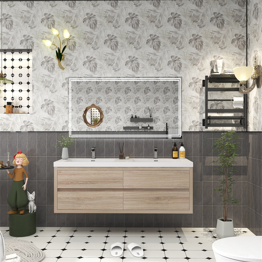 Louis 60 In. Floating Double Sink Bathroom Vanity Cabinet with Acrylic Sink Top & Soft Closing Drawers