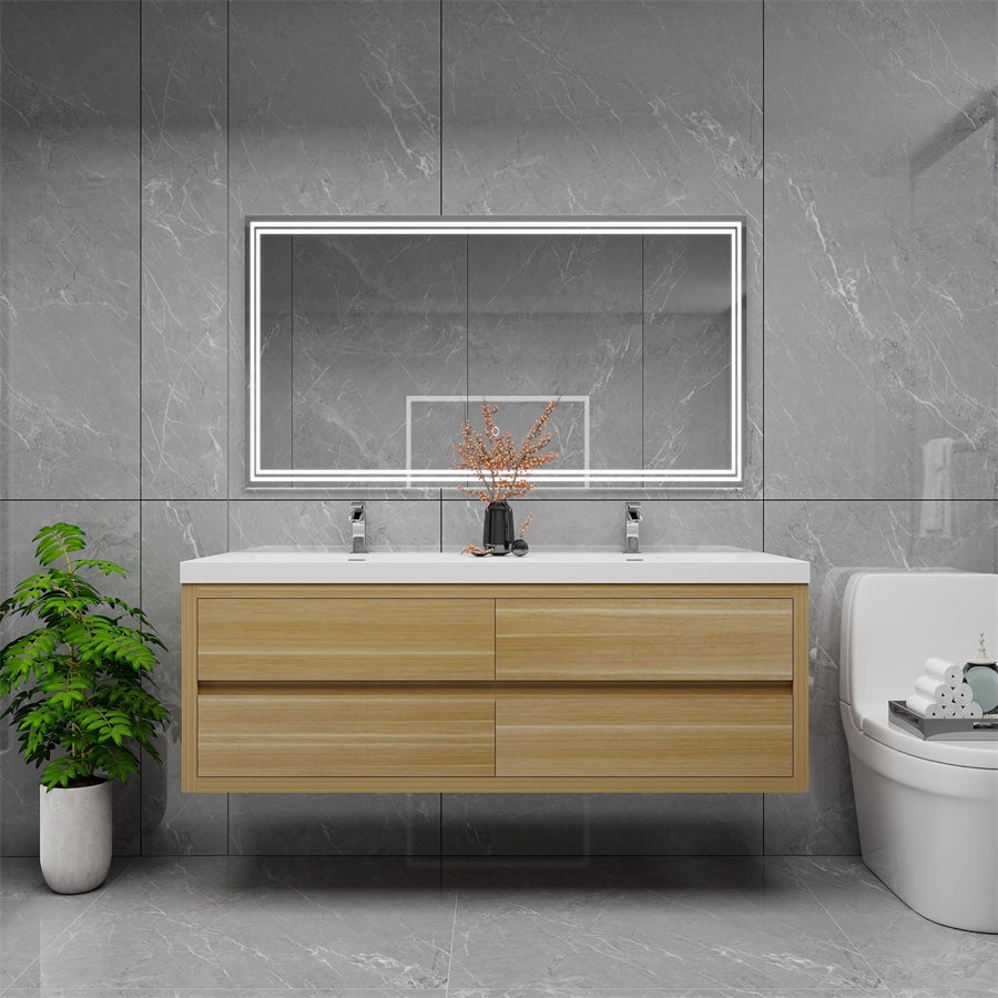 Louis 60 In. Floating Double Sink Bathroom Vanity Cabinet with Acrylic Sink Top & Soft Closing Drawers