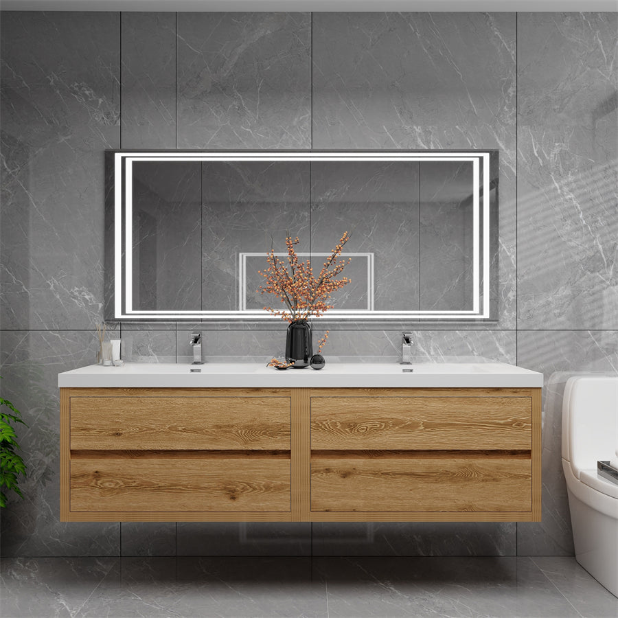 Louis 72 In. Floating Double Sink Bathroom Vanity Cabinet with Acrylic Sink Top & Soft Closing Drawers