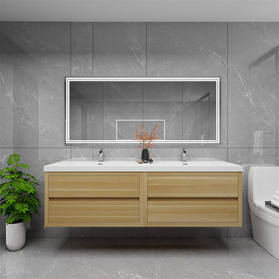 Louis 72 In. Floating Double Sink Bathroom Vanity Cabinet with Acrylic Sink Top & Soft Closing Drawers