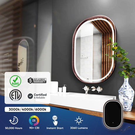 36 in. x 48 in. LED Lighted Bathroom Vanity Mirror, Anti - Fog, CRI 90+, Adjustable Color Temperature & Remembrance, Lighted Makeup Mirrors, Neu - U Style - BUILDMYPLACE