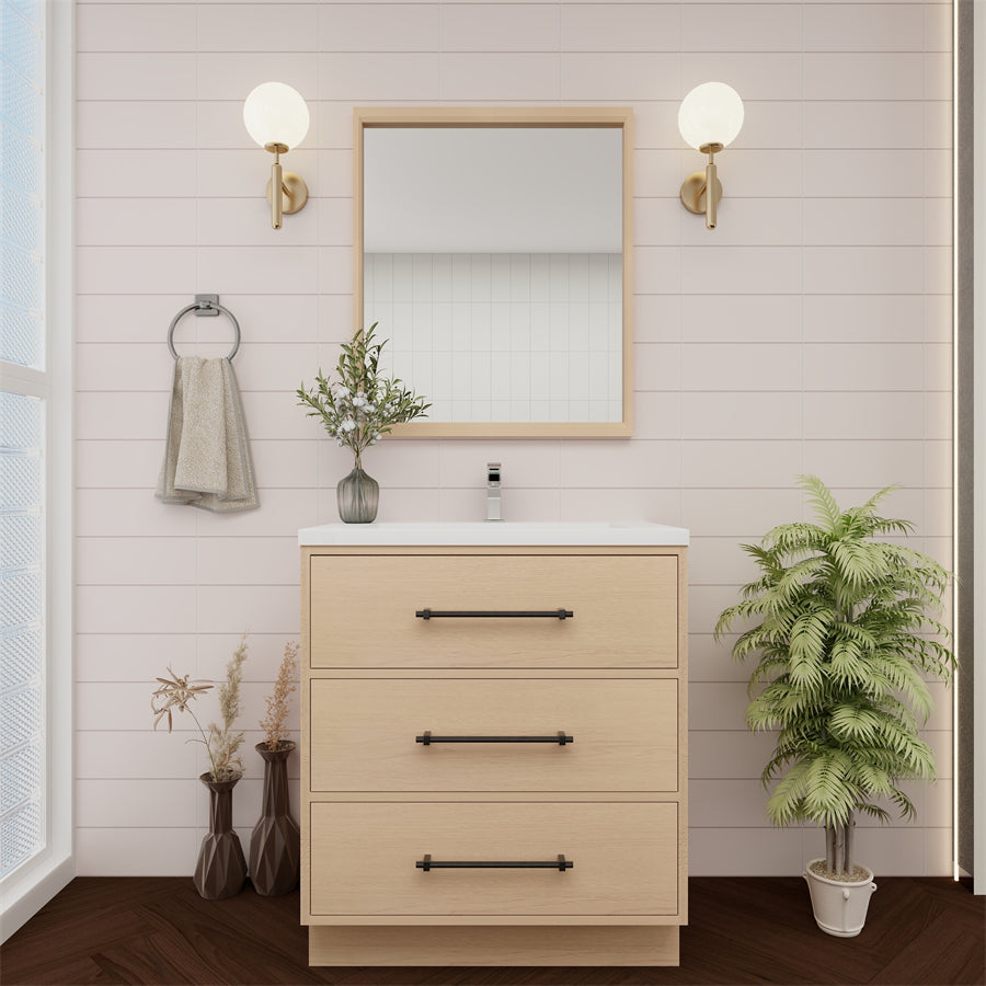 Victoria 30 In. Freestanding Single Sink Bathroom Vanity with Acrylic Sink Top & Soft Closing Drawers