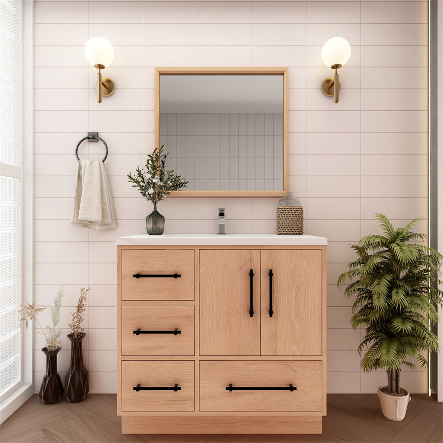 Victoria 36 In. Freestanding Single Sink Bathroom Vanity with Acrylic Sink Top & Left Side Drawers & Doors