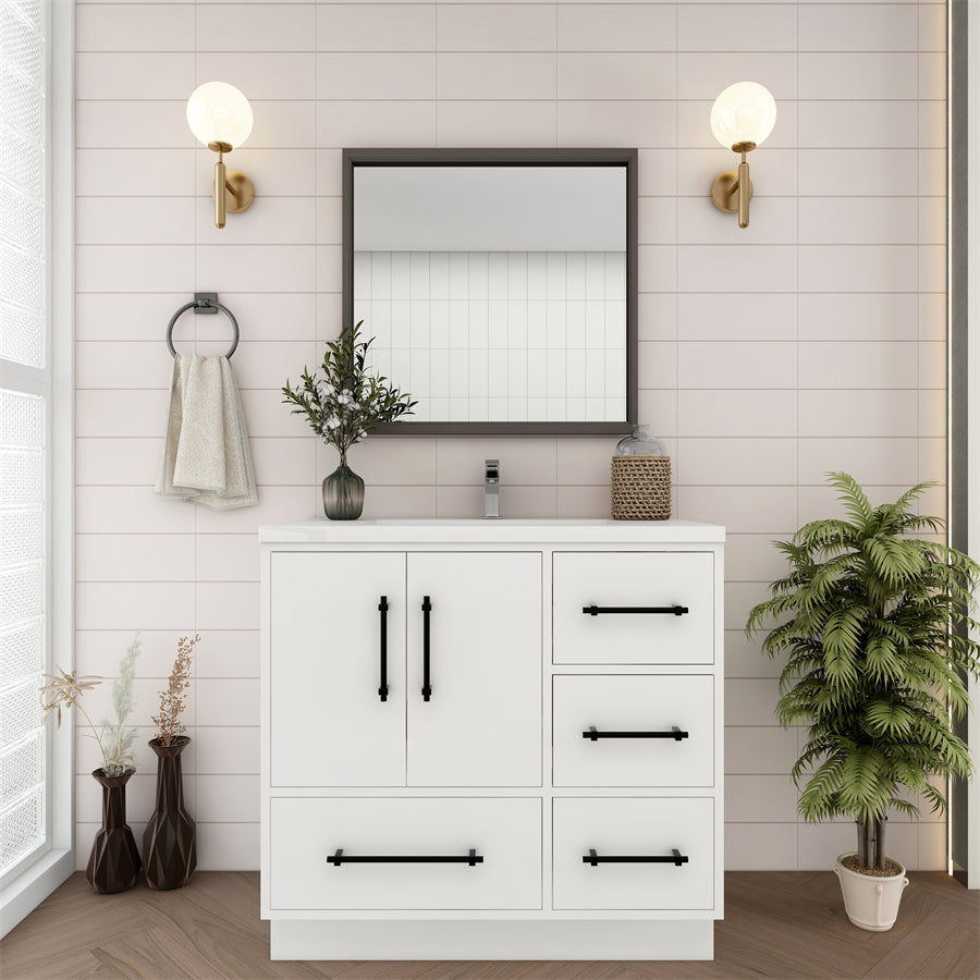 Victoria 36 In. Freestanding Single Sink Bathroom Vanity with Acrylic Sink Top & Right Side Drawers & Doors