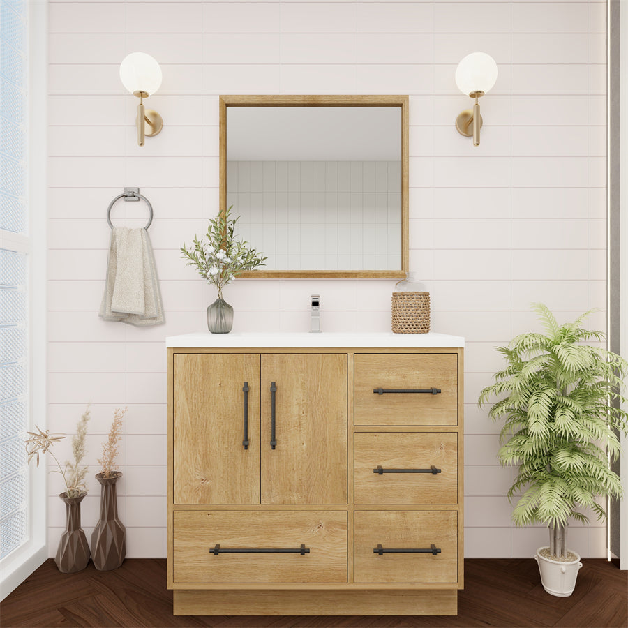 Victoria 36 In. Freestanding Single Sink Bathroom Vanity with Acrylic Sink Top & Right Side Drawers & Doors