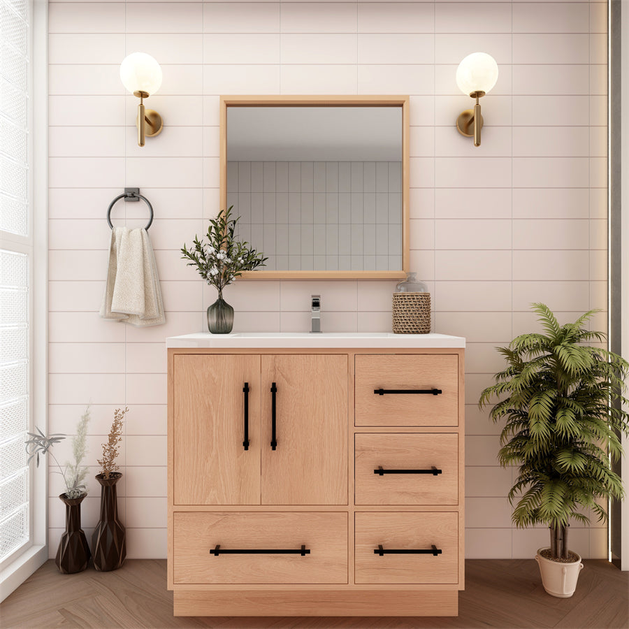 Victoria 36 In. Freestanding Single Sink Bathroom Vanity with Acrylic Sink Top & Right Side Drawers & Doors