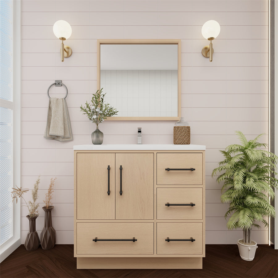 Victoria 36 In. Freestanding Single Sink Bathroom Vanity with Acrylic Sink Top & Right Side Drawers & Doors