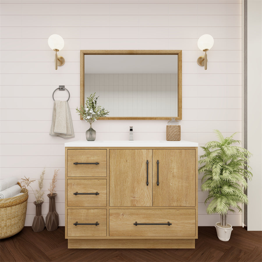Victoria 42 In. Freestanding Single Sink Bathroom Vanity with Acrylic Sink Top & Left Side Drawers & Doors