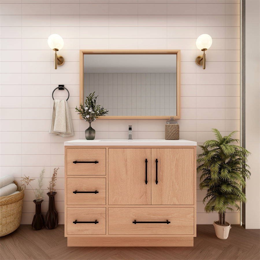 Victoria 42 In. Freestanding Single Sink Bathroom Vanity with Acrylic Sink Top & Left Side Drawers & Doors